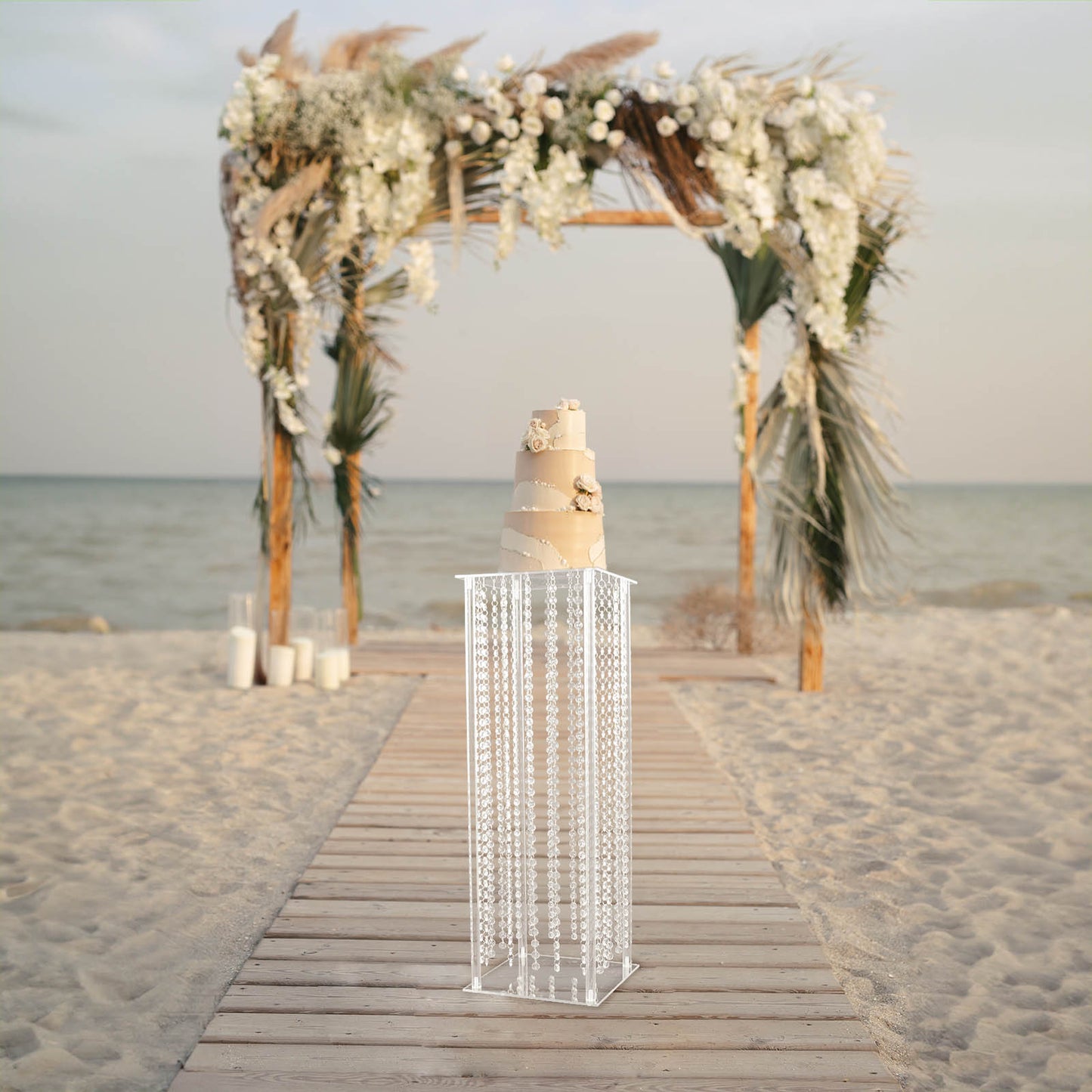 32" Heavy Duty Acrylic Flower Pedestal Stand with Hanging Crystal Beads, Clear Pillar Vase Wedding Floor Centerpieces With Pre-chained Garlands - 5mm Thick Plates