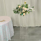 Clear acrylic flower pedestal stand with hanging crystal beads and floral arrangement.