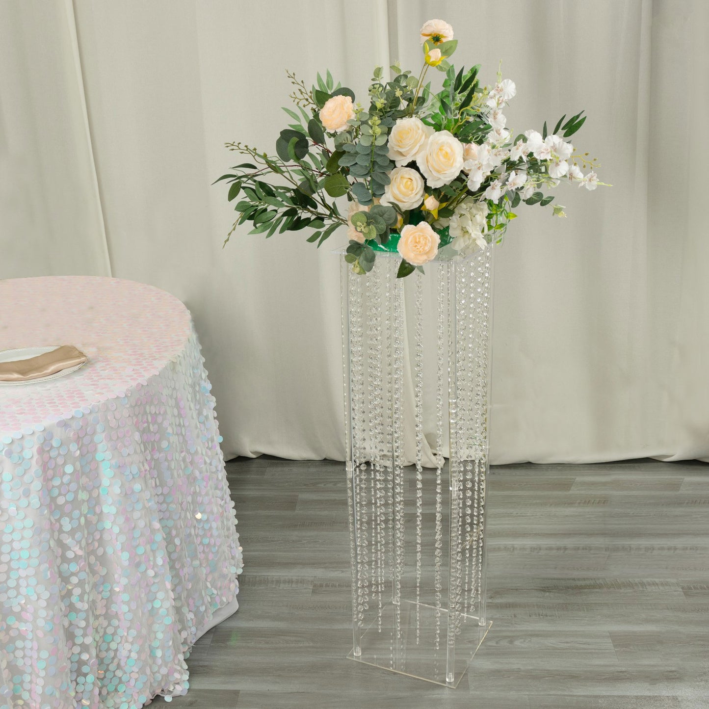 40" Heavy Duty Acrylic Flower Pedestal Stand with Hanging Crystal Beads, Clear Pillar Vase Wedding Floor Centerpieces With Pre-chained Garlands - 5mm Thick Plates