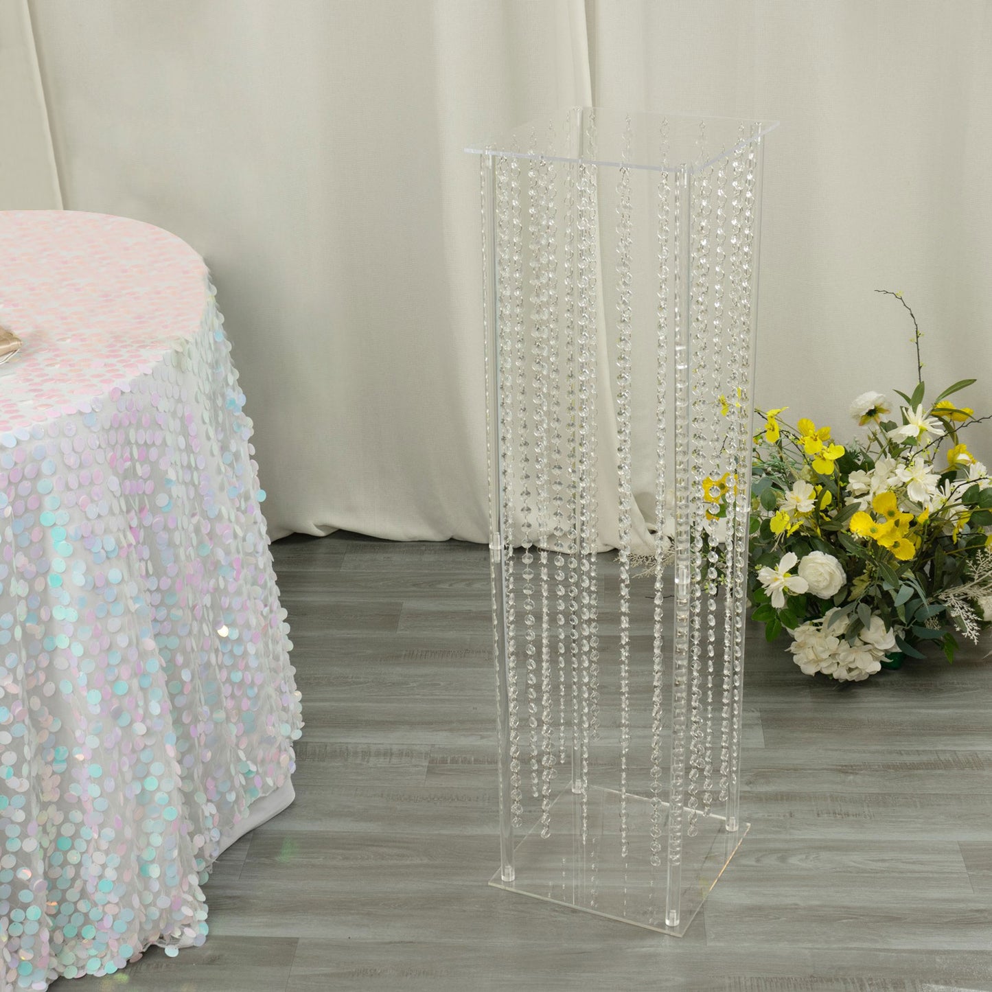 40" Heavy Duty Acrylic Flower Pedestal Stand with Hanging Crystal Beads, Clear Pillar Vase Wedding Floor Centerpieces With Pre-chained Garlands - 5mm Thick Plates