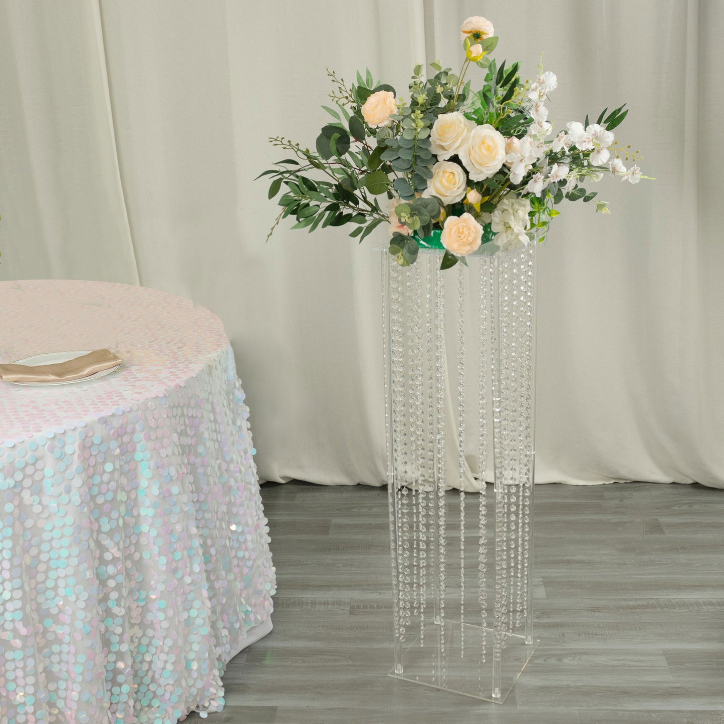 40" Heavy Duty Acrylic Flower Pedestal Stand with Hanging Crystal Beads, Clear Pillar Vase Wedding Floor Centerpieces With Pre-chained Garlands - 5mm Thick Plates