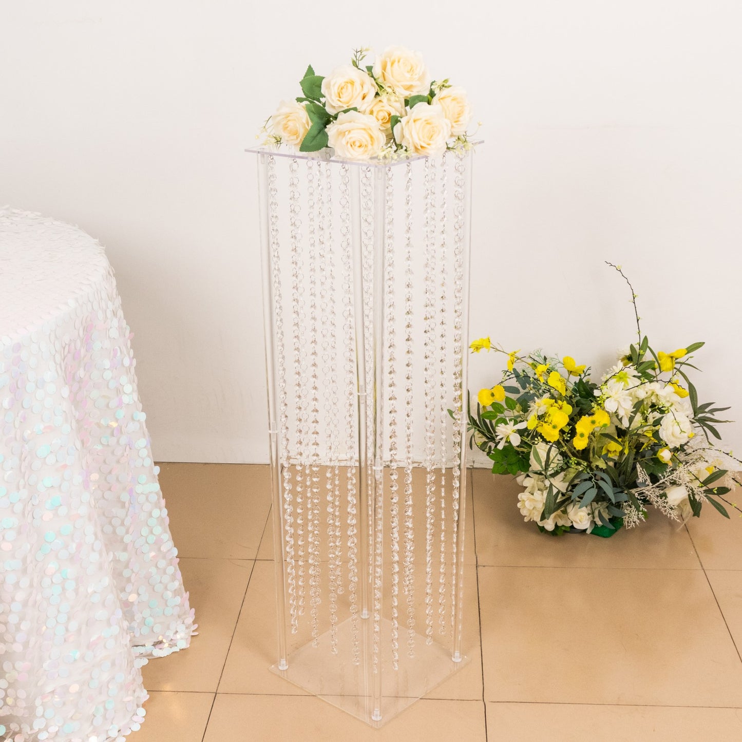 40" Heavy Duty Acrylic Flower Pedestal Stand with Hanging Crystal Beads, Clear Pillar Vase Wedding Floor Centerpieces With Pre-chained Garlands - 5mm Thick Plates