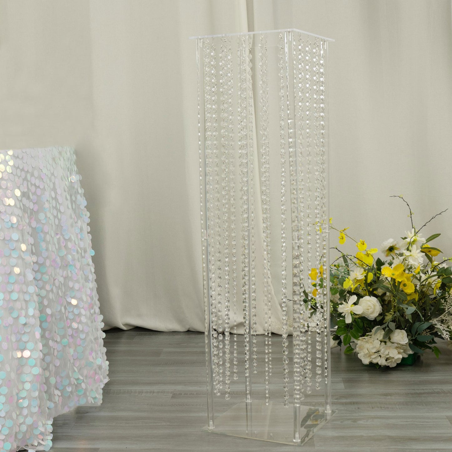 40" Heavy Duty Acrylic Flower Pedestal Stand with Hanging Crystal Beads, Clear Pillar Vase Wedding Floor Centerpieces With Pre-chained Garlands - 5mm Thick Plates