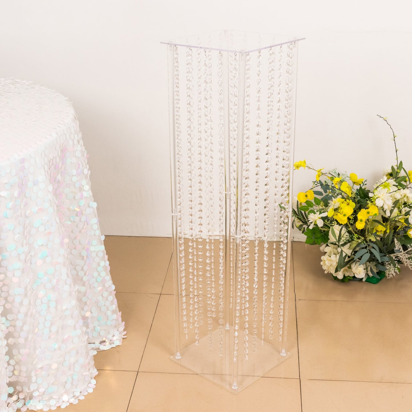 40" Heavy Duty Acrylic Flower Pedestal Stand with Hanging Crystal Beads, Clear Pillar Vase Wedding Floor Centerpieces With Pre-chained Garlands - 5mm Thick Plates