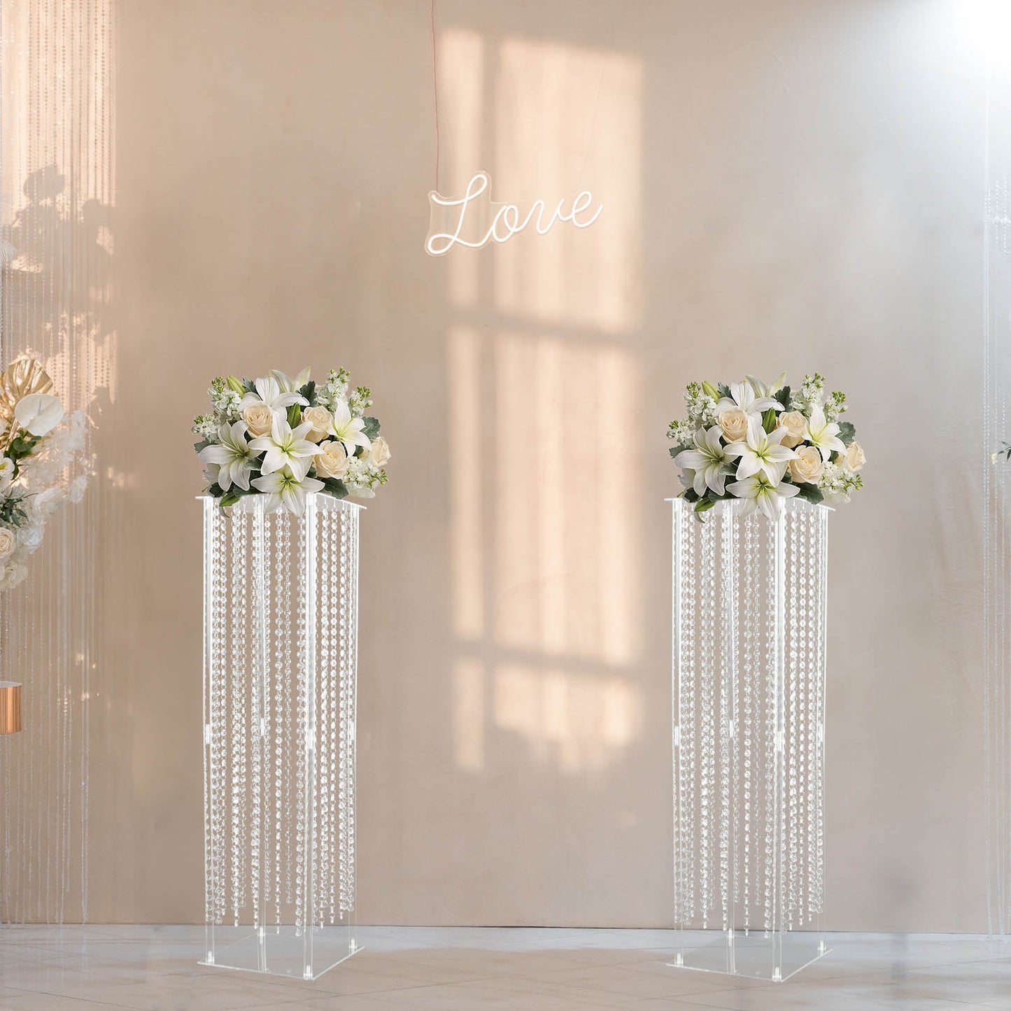 40" Heavy Duty Acrylic Flower Pedestal Stand with Hanging Crystal Beads, Clear Pillar Vase Wedding Floor Centerpieces With Pre-chained Garlands - 5mm Thick Plates