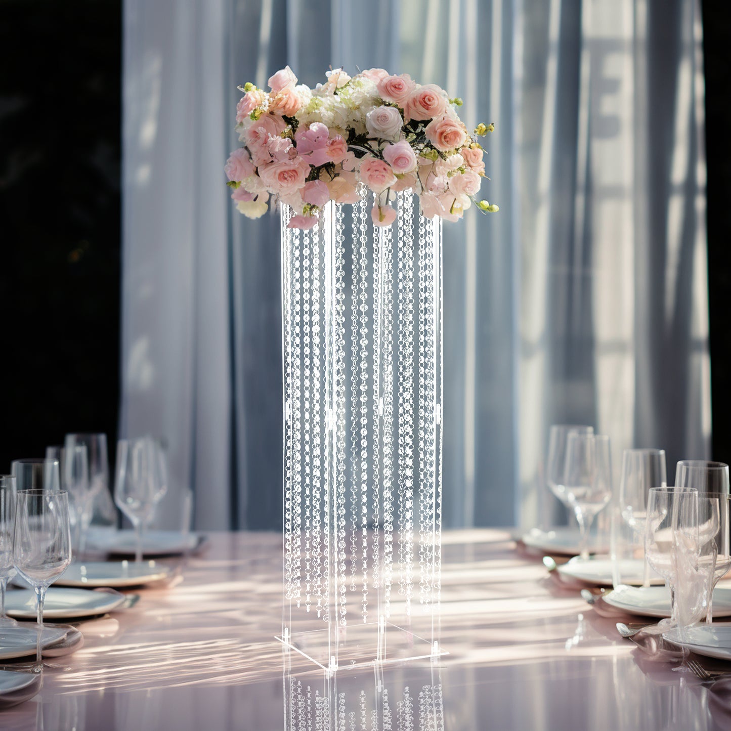 40" Heavy Duty Acrylic Flower Pedestal Stand with Hanging Crystal Beads, Clear Pillar Vase Wedding Floor Centerpieces With Pre-chained Garlands - 5mm Thick Plates