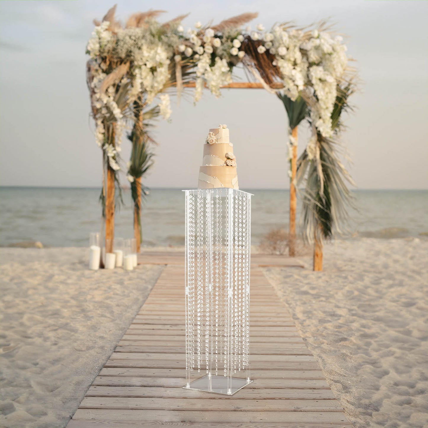 40" Heavy Duty Acrylic Flower Pedestal Stand with Hanging Crystal Beads, Clear Pillar Vase Wedding Floor Centerpieces With Pre-chained Garlands - 5mm Thick Plates