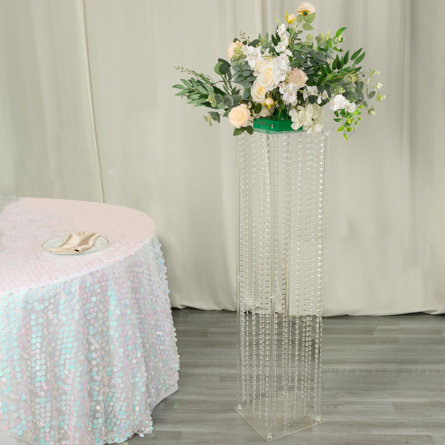 48" Heavy Duty Acrylic Flower Pedestal Stand with Hanging Crystal Beads, Clear Pillar Vase Wedding Floor Centerpieces With Pre-chained Garlands - 5mm Thick Plates