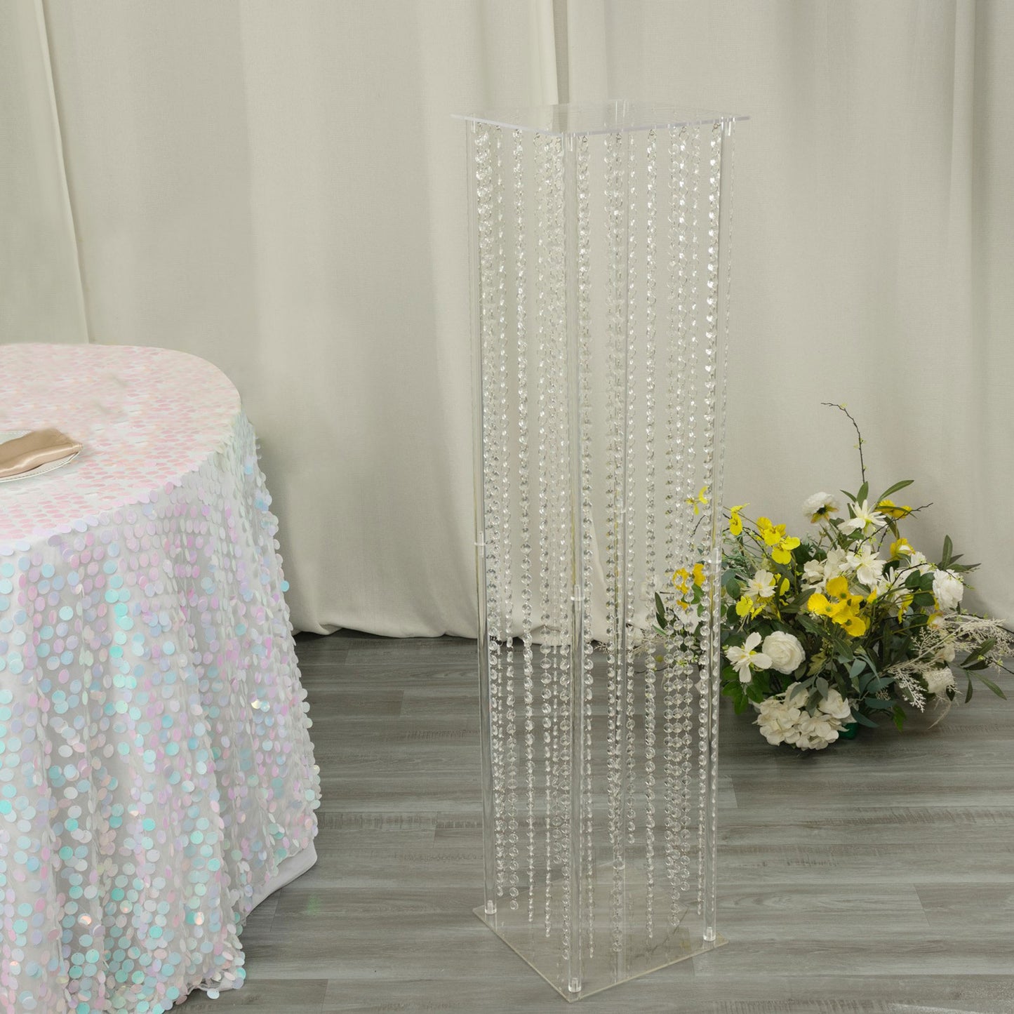 48" Heavy Duty Acrylic Flower Pedestal Stand with Hanging Crystal Beads, Clear Pillar Vase Wedding Floor Centerpieces With Pre-chained Garlands - 5mm Thick Plates