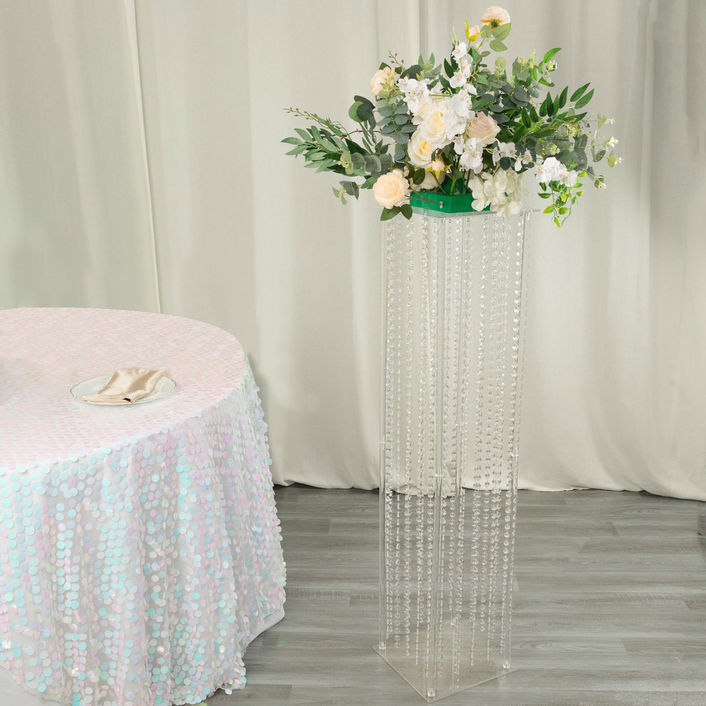 48" Heavy Duty Acrylic Flower Pedestal Stand with Hanging Crystal Beads, Clear Pillar Vase Wedding Floor Centerpieces With Pre-chained Garlands - 5mm Thick Plates