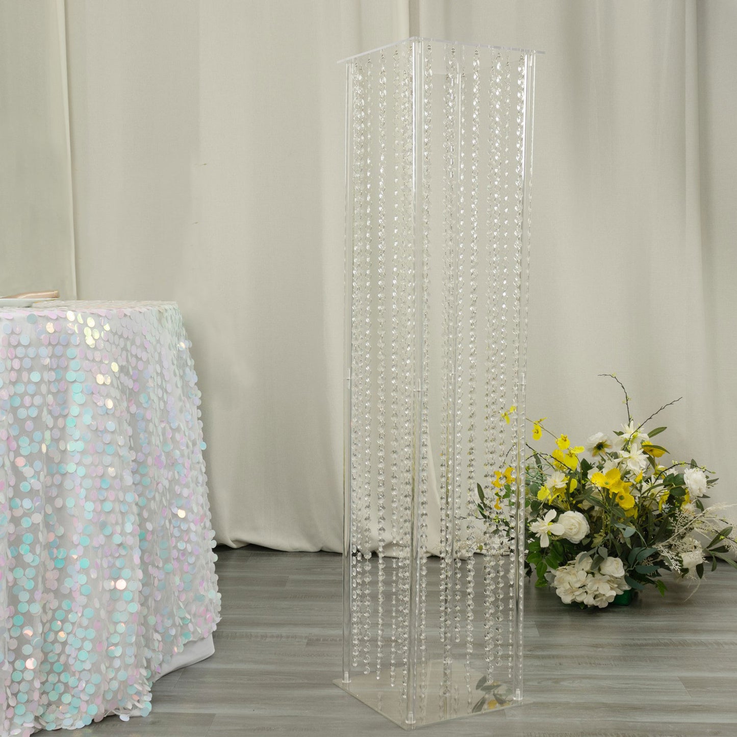 48" Heavy Duty Acrylic Flower Pedestal Stand with Hanging Crystal Beads, Clear Pillar Vase Wedding Floor Centerpieces With Pre-chained Garlands - 5mm Thick Plates