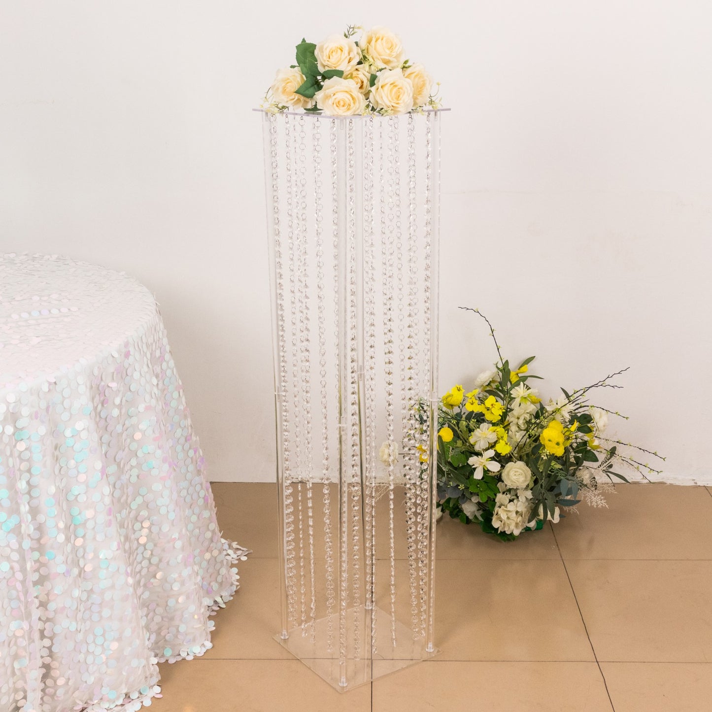 48" Heavy Duty Acrylic Flower Pedestal Stand with Hanging Crystal Beads, Clear Pillar Vase Wedding Floor Centerpieces With Pre-chained Garlands - 5mm Thick Plates