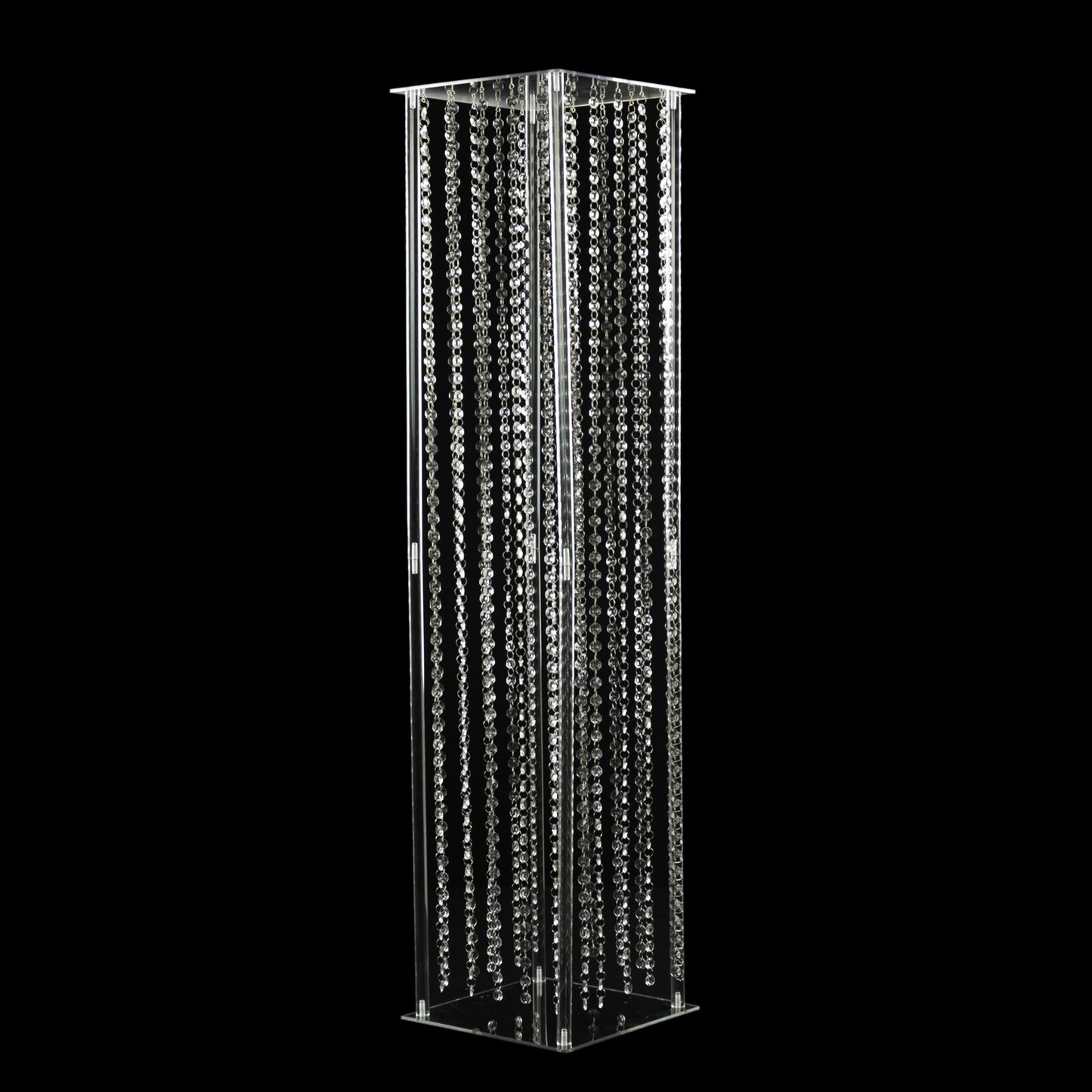 48" Heavy Duty Acrylic Flower Pedestal Stand with Hanging Crystal Beads, Clear Pillar Vase Wedding Floor Centerpieces With Pre-chained Garlands - 5mm Thick Plates