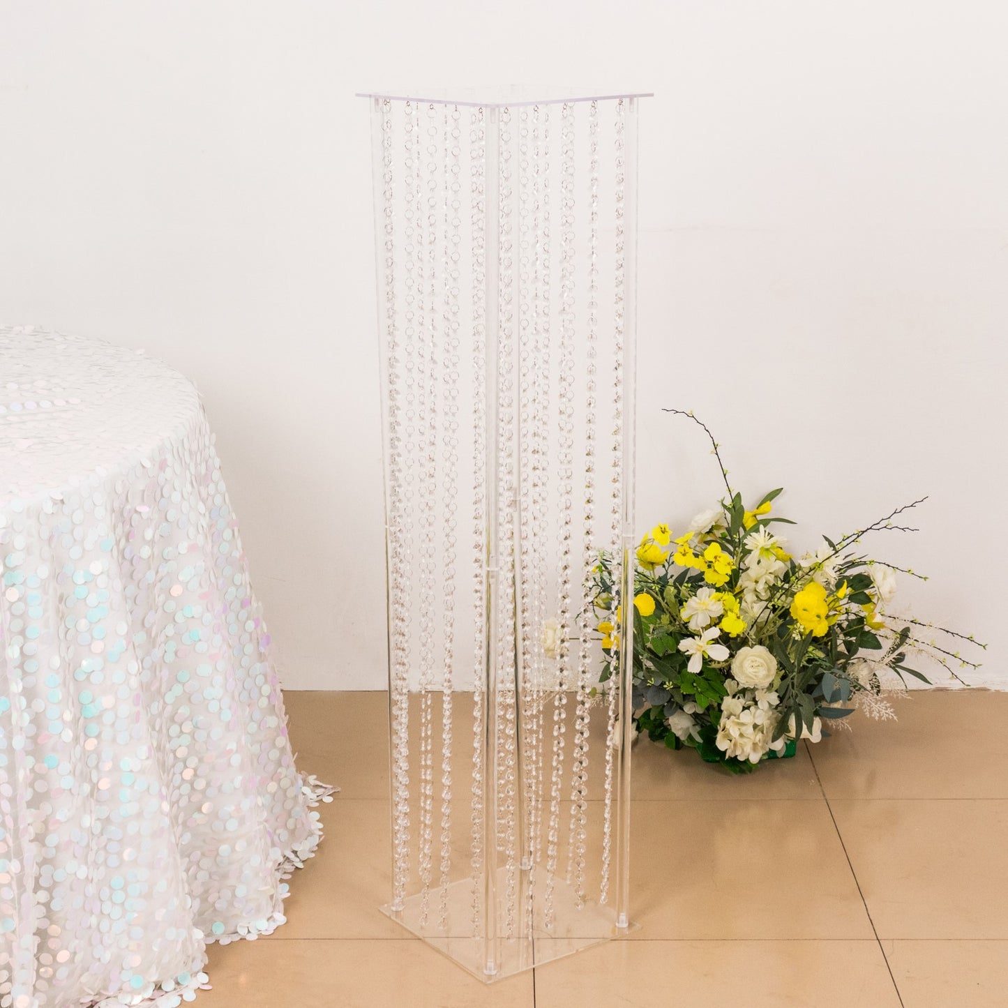 48" Heavy Duty Acrylic Flower Pedestal Stand with Hanging Crystal Beads, Clear Pillar Vase Wedding Floor Centerpieces With Pre-chained Garlands - 5mm Thick Plates