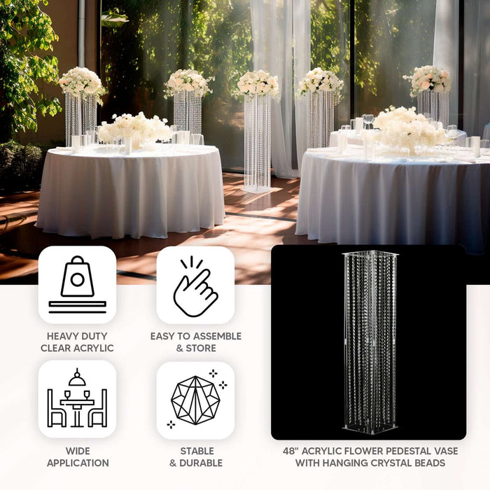 48" Heavy Duty Acrylic Flower Pedestal Stand with Hanging Crystal Beads, Clear Pillar Vase Wedding Floor Centerpieces With Pre-chained Garlands - 5mm Thick Plates