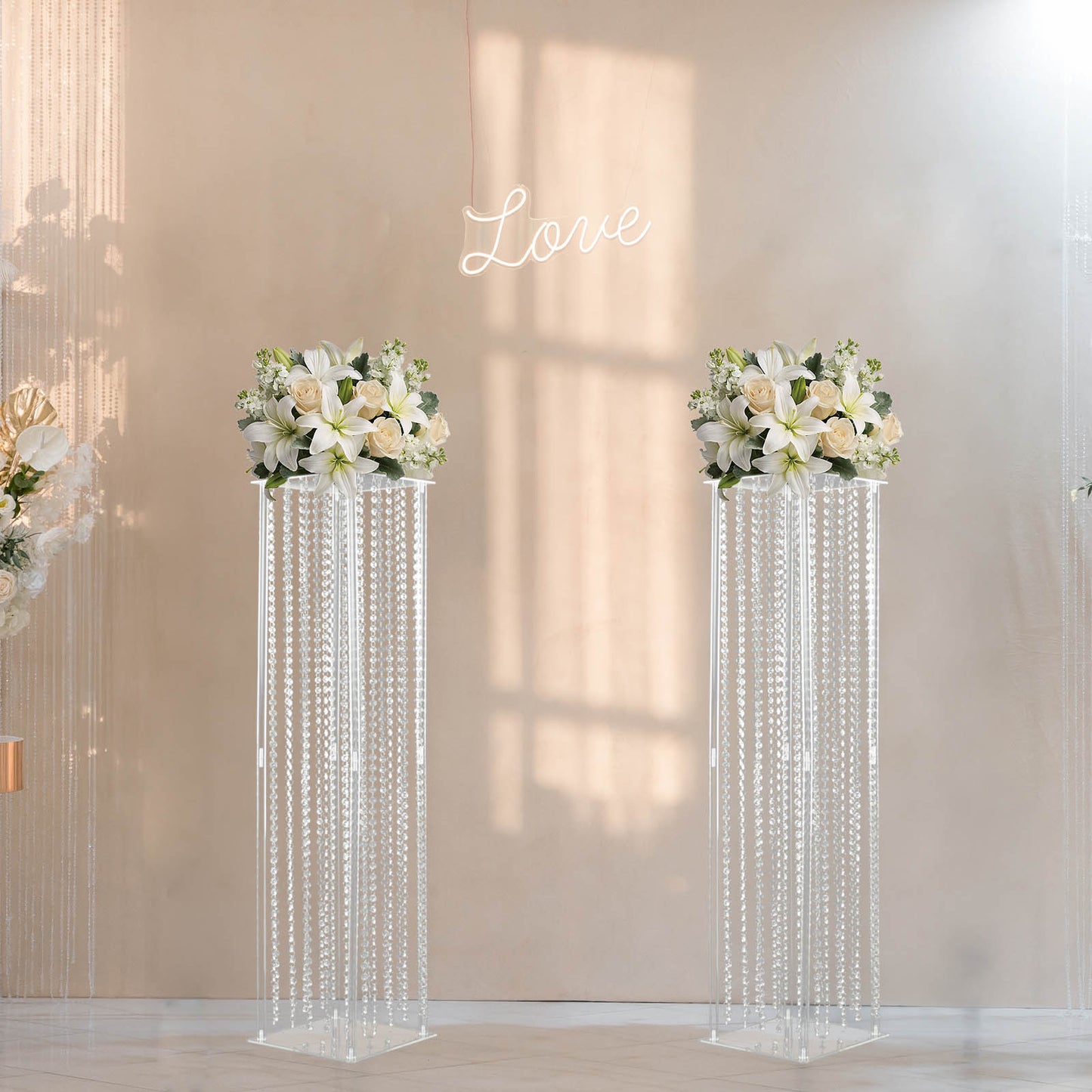 48" Heavy Duty Acrylic Flower Pedestal Stand with Hanging Crystal Beads, Clear Pillar Vase Wedding Floor Centerpieces With Pre-chained Garlands - 5mm Thick Plates