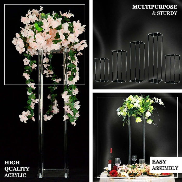 16" Clear Acrylic Wedding Table Centerpiece Vase With Square Mirror Base, Flower Pillar Column Stand