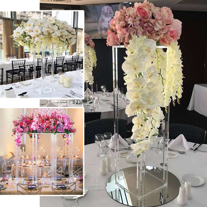 16" Clear Acrylic Wedding Table Centerpiece Vase With Square Mirror Base, Flower Pillar Column Stand