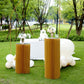 Gold cylinder display column stand with top plate in outdoor setting.