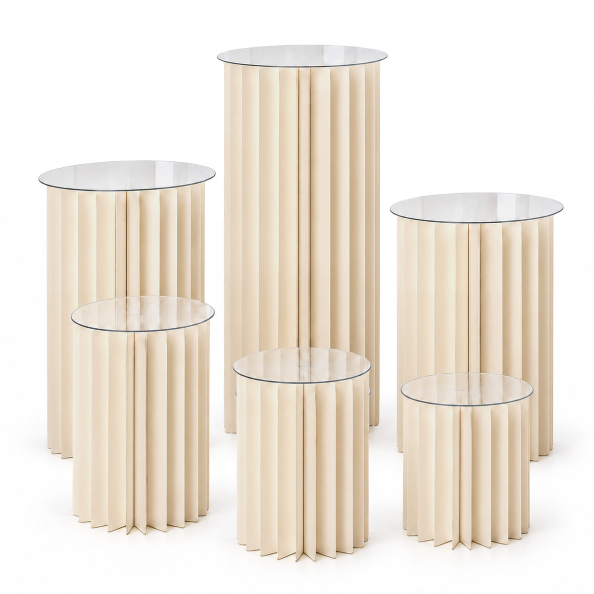 Set of 6 Cylinder Pedestal Display Stands for Dessert & Event Décor, Ivory Foldable Cardboard with C