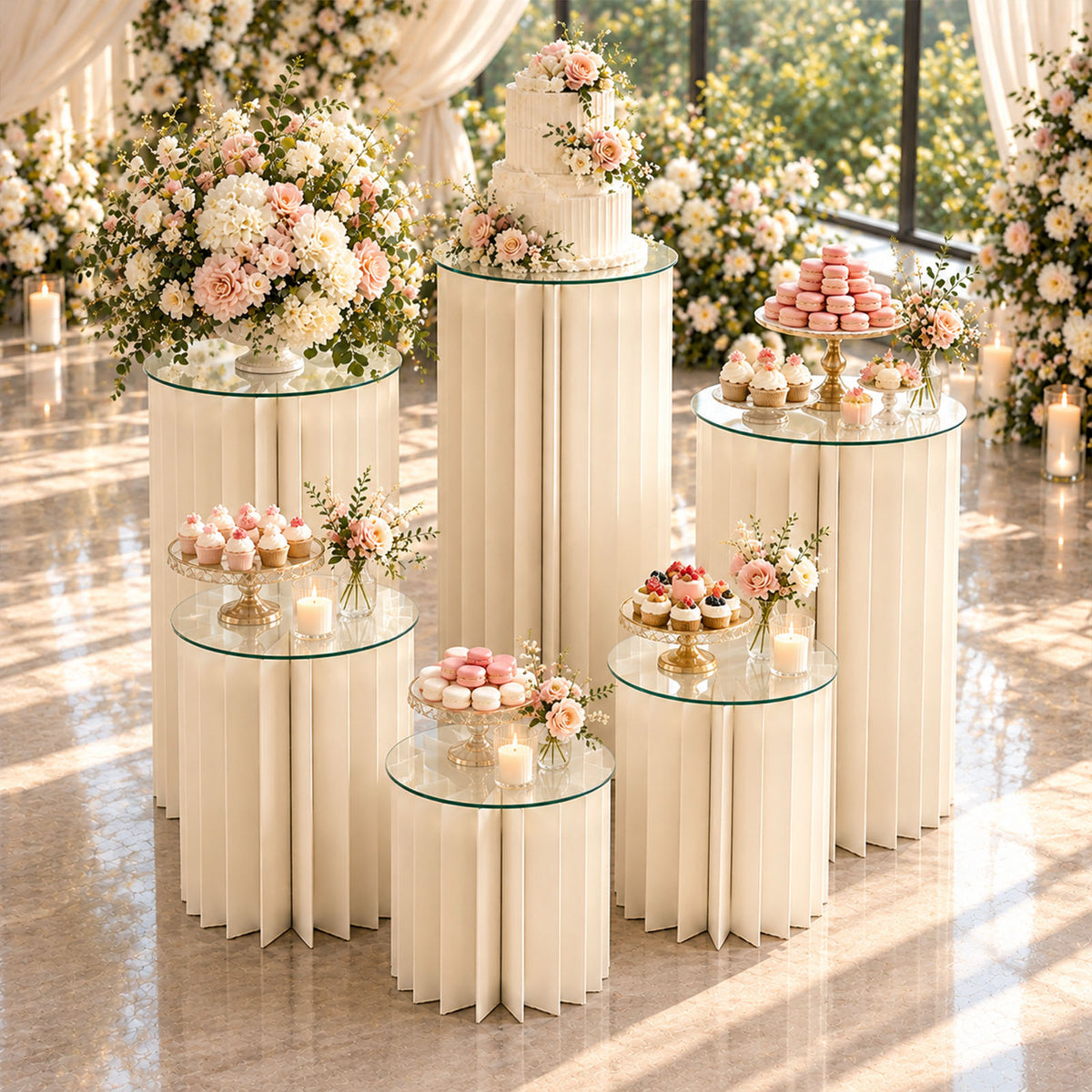 Set of 6 Cylinder Pedestal Display Stands for Dessert & Event Décor, Ivory Foldable Cardboard with C