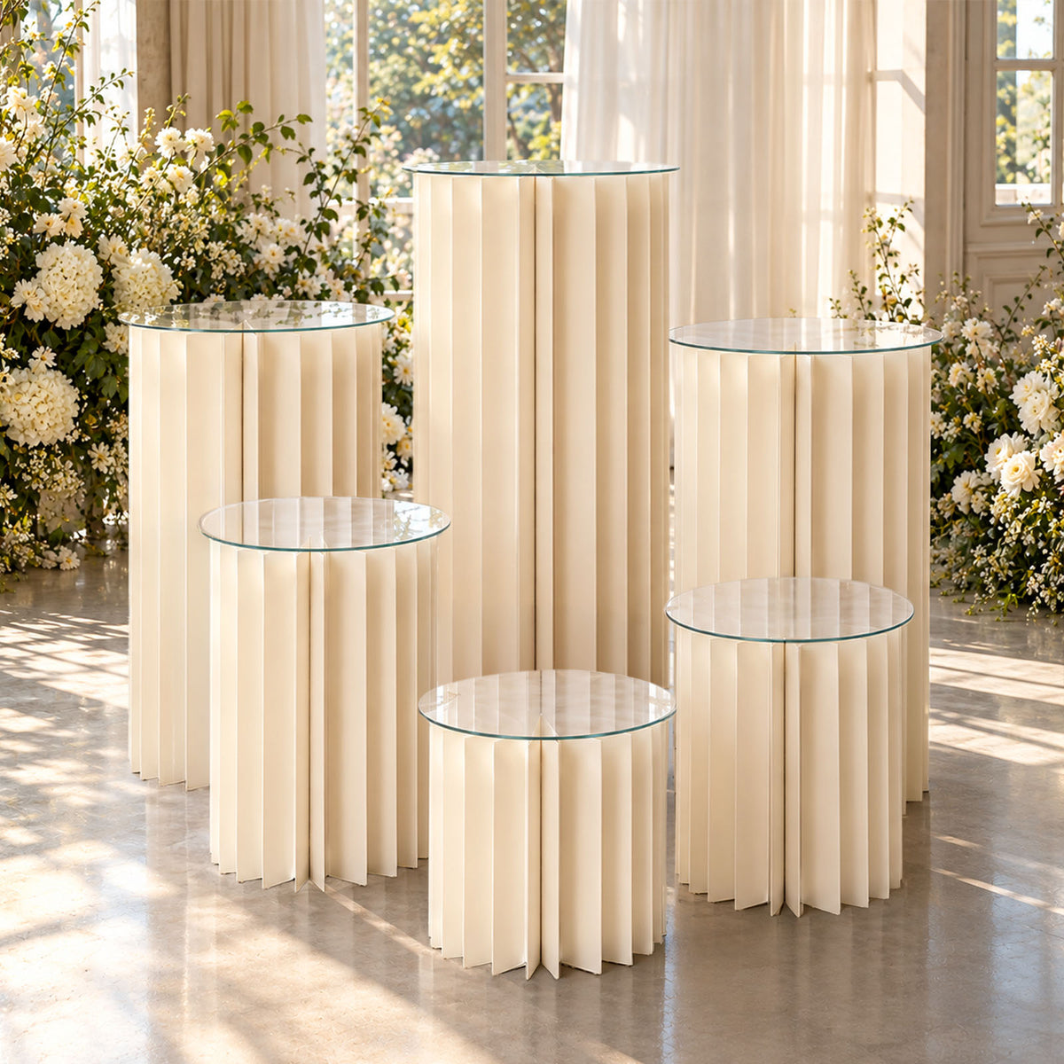 Set of 6 Cylinder Pedestal Display Stands for Dessert & Event Décor, Ivory Foldable Cardboard with C