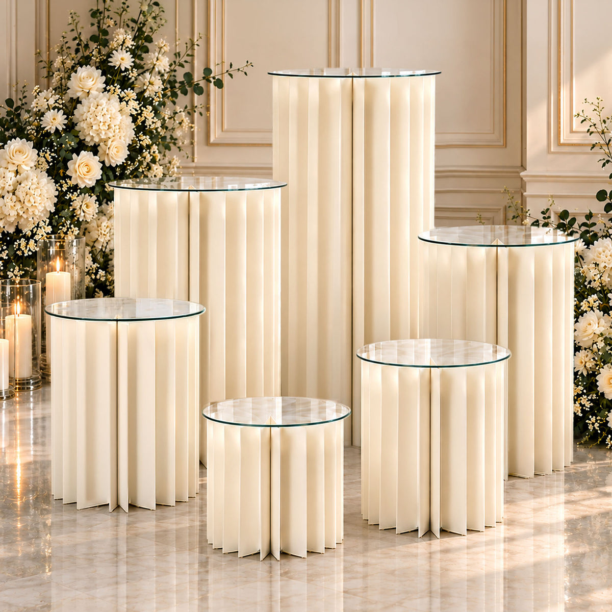 Set of 6 Cylinder Pedestal Display Stands for Dessert & Event Décor, Ivory Foldable Cardboard with C