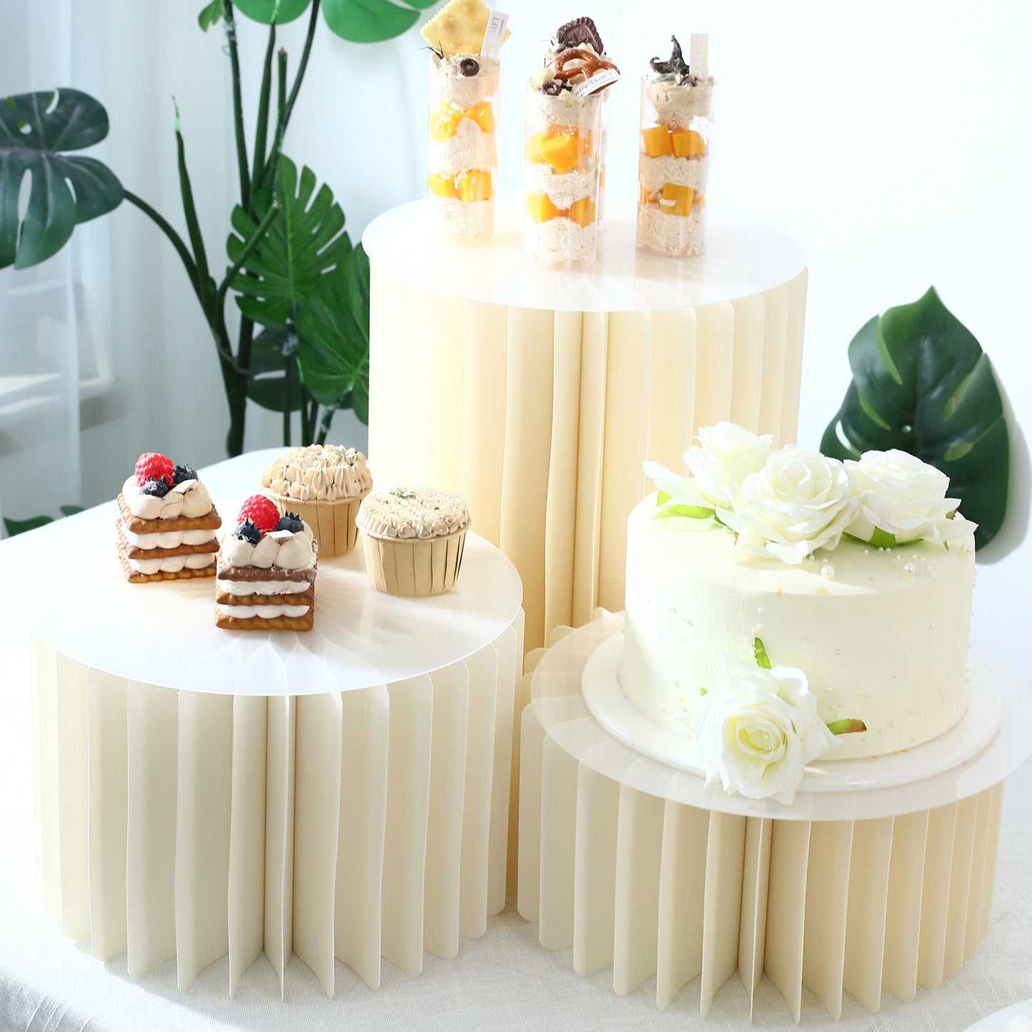 Set of 6 Ivory Dessert Display Risers, Foldable Cardboard Cylinder Pedestal Stands with Clear PVC To