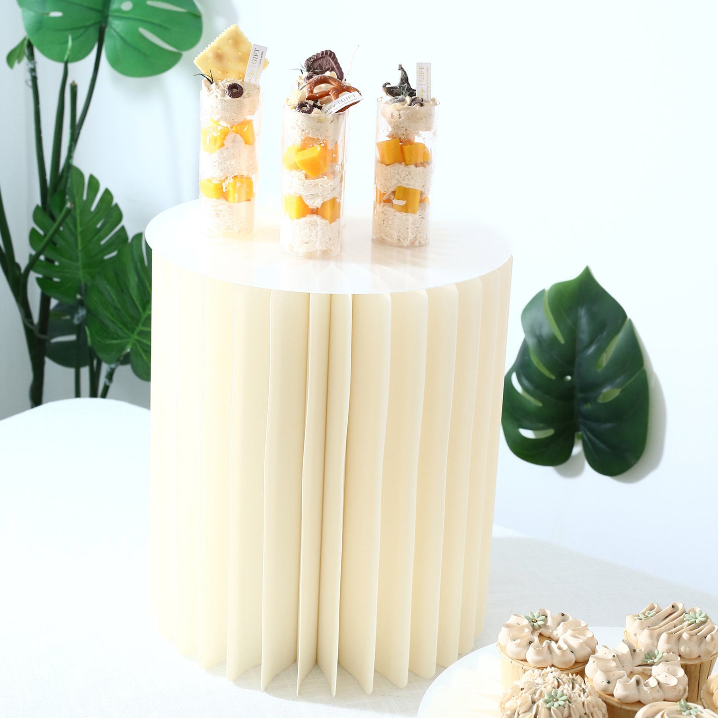 Set of 6 Ivory Dessert Display Risers, Foldable Cardboard Cylinder Pedestal Stands with Clear PVC To