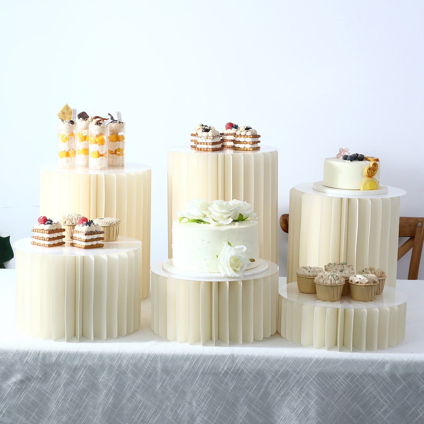 Set of 6 Ivory Dessert Display Risers, Foldable Cardboard Cylinder Pedestal Stands with Clear PVC To