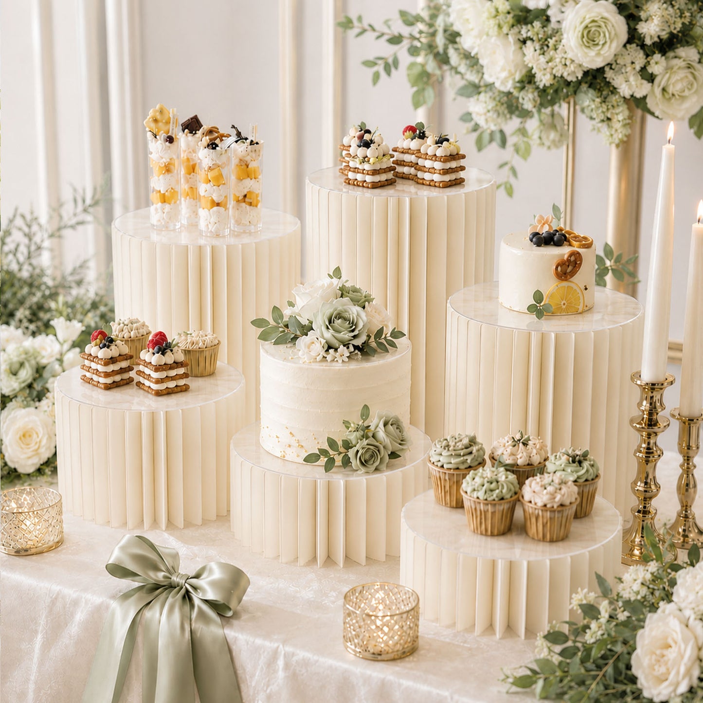 Set of 6 Ivory Dessert Display Risers, Foldable Cardboard Cylinder Pedestal Stands with Clear PVC To