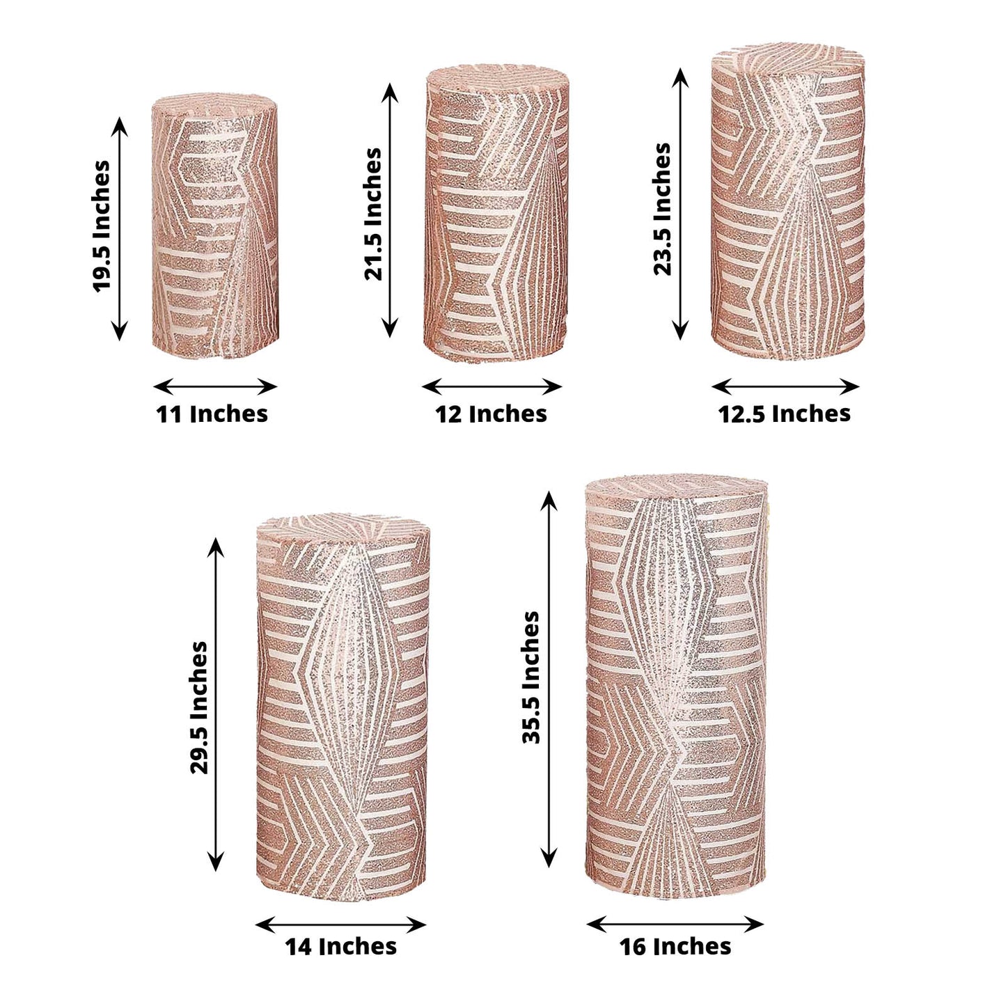 Rose gold sequin mesh pedestal stand covers with geometric pattern.