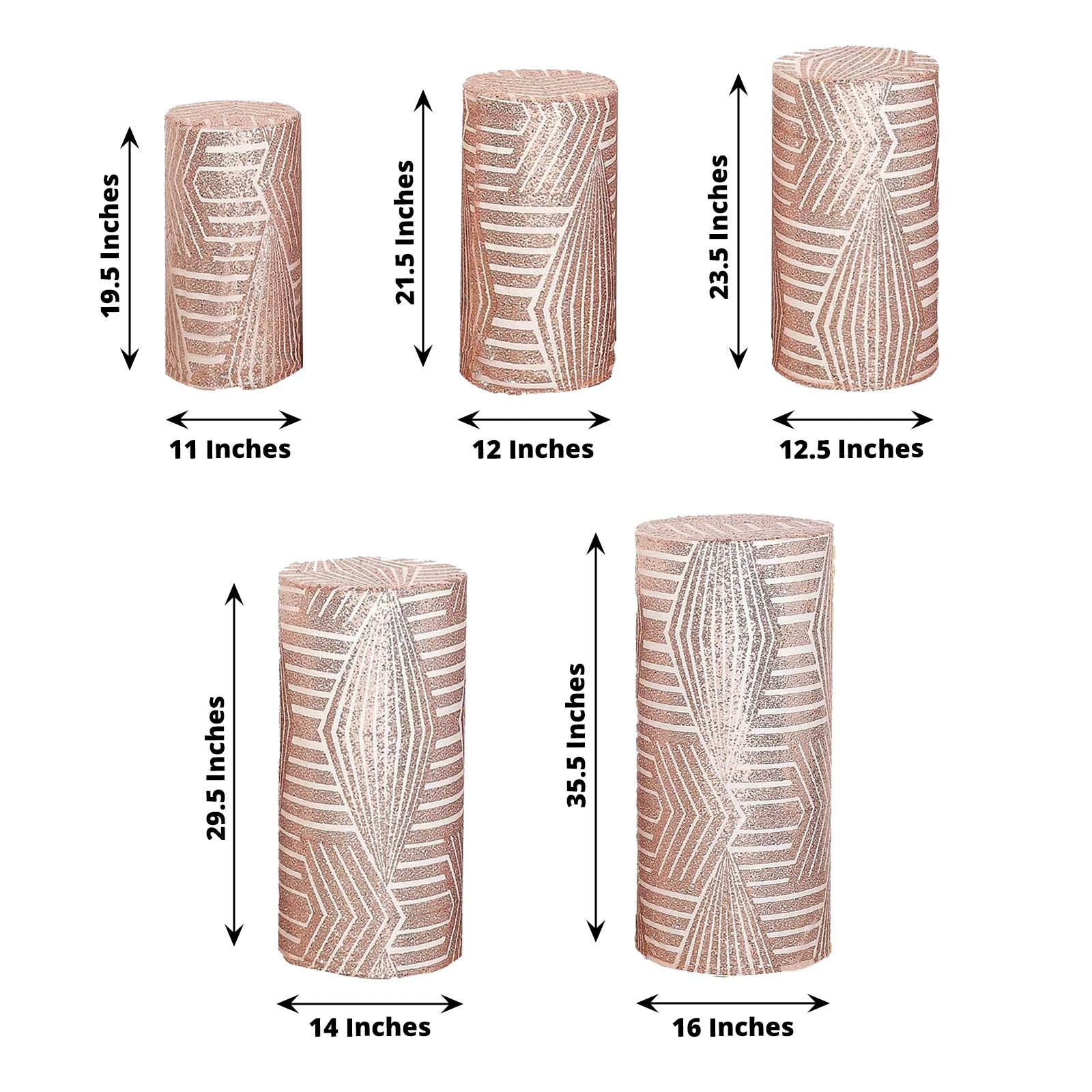 Rose gold sequin mesh pedestal stand covers with geometric pattern.