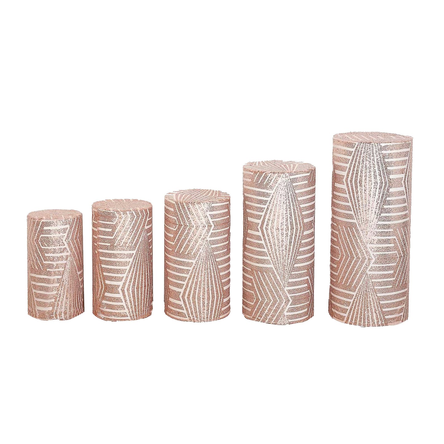 Rose gold sequin mesh pedestal stand covers with geometric pattern.