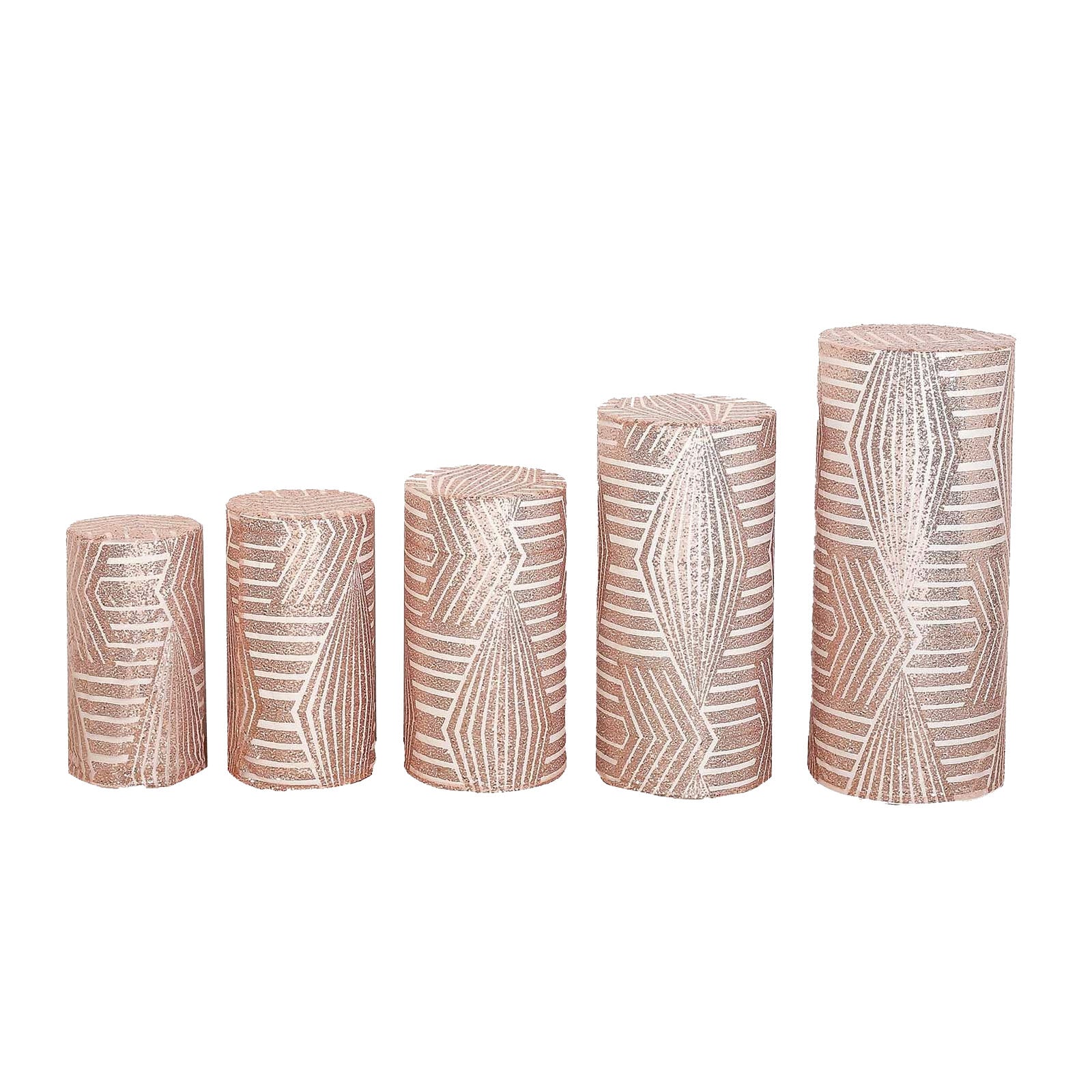 Rose gold sequin mesh pedestal stand covers with geometric pattern.