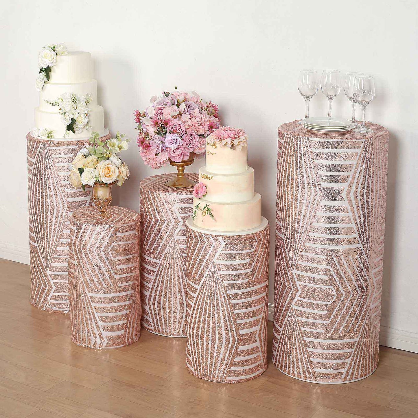 Rose gold sequin mesh pedestal stand covers with geometric pattern.