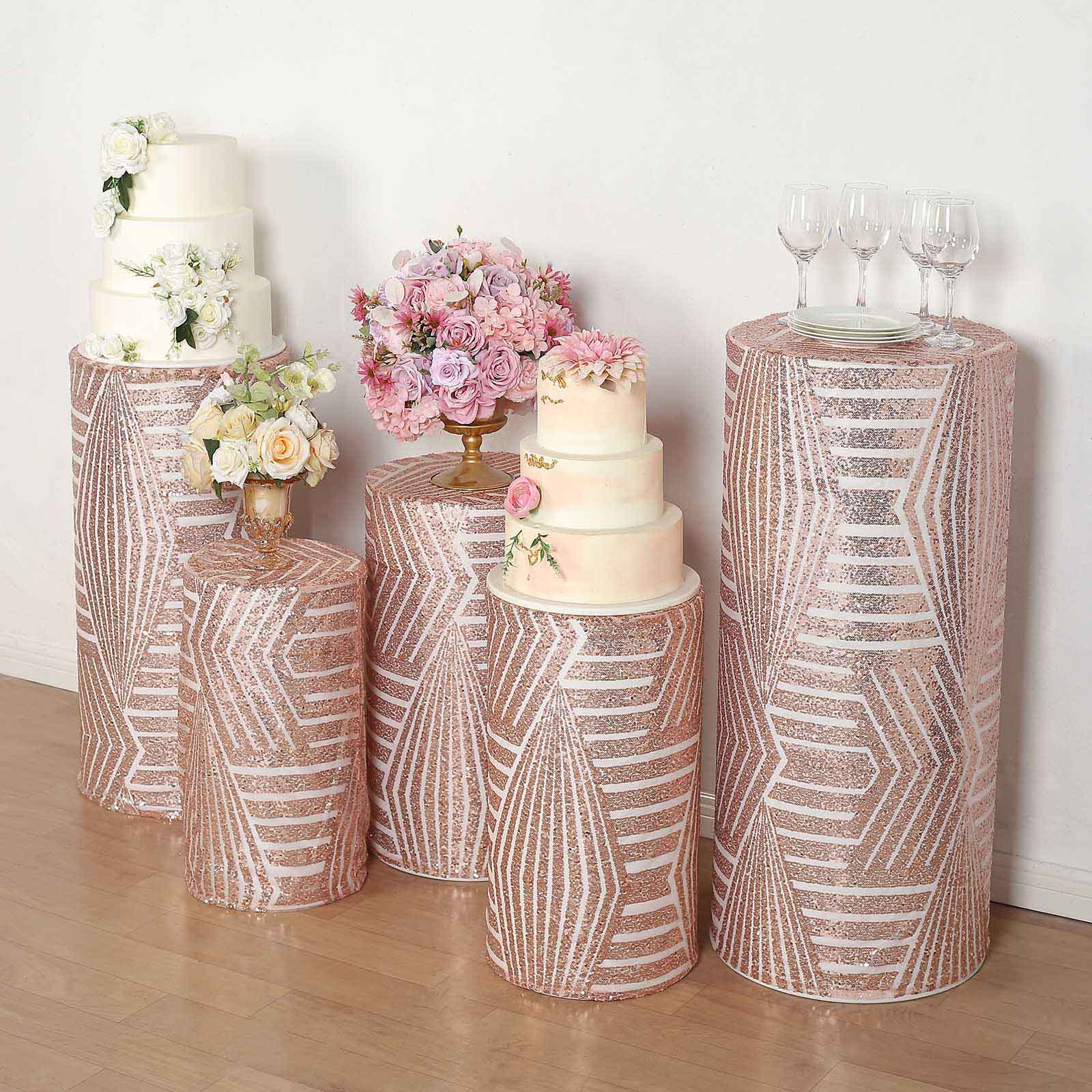 Rose gold sequin mesh pedestal stand covers with geometric pattern.
