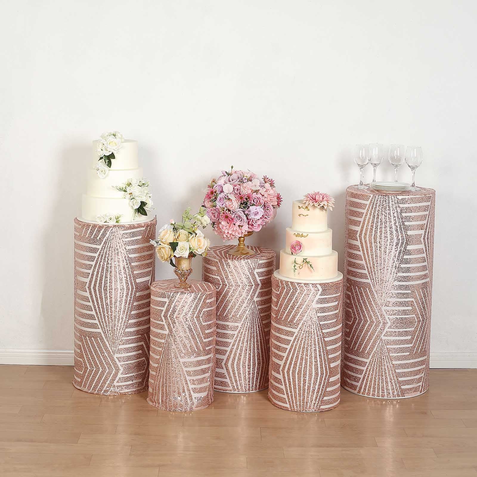 Rose gold sequin mesh pedestal stand covers with geometric embroidery.