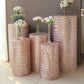 Rose gold sequin mesh pedestal stand covers with geometric embroidery.