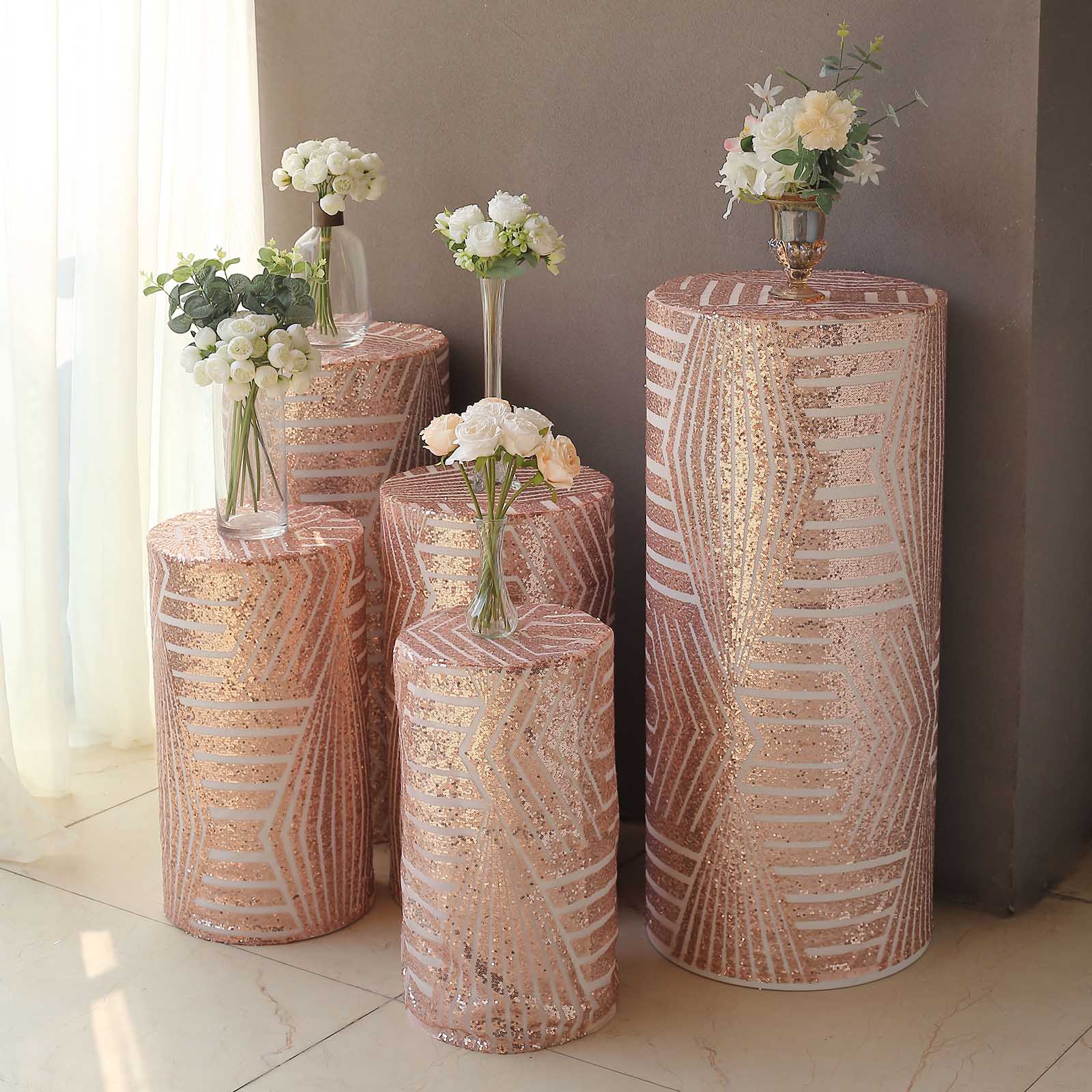 Rose gold sequin pedestal stand covers with geometric embroidery design.
