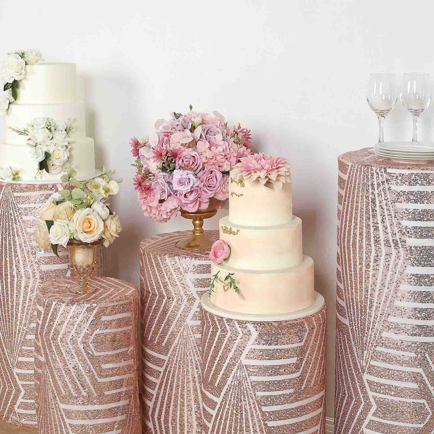 Rose gold sequin mesh pedestal stand covers with geometric pattern.