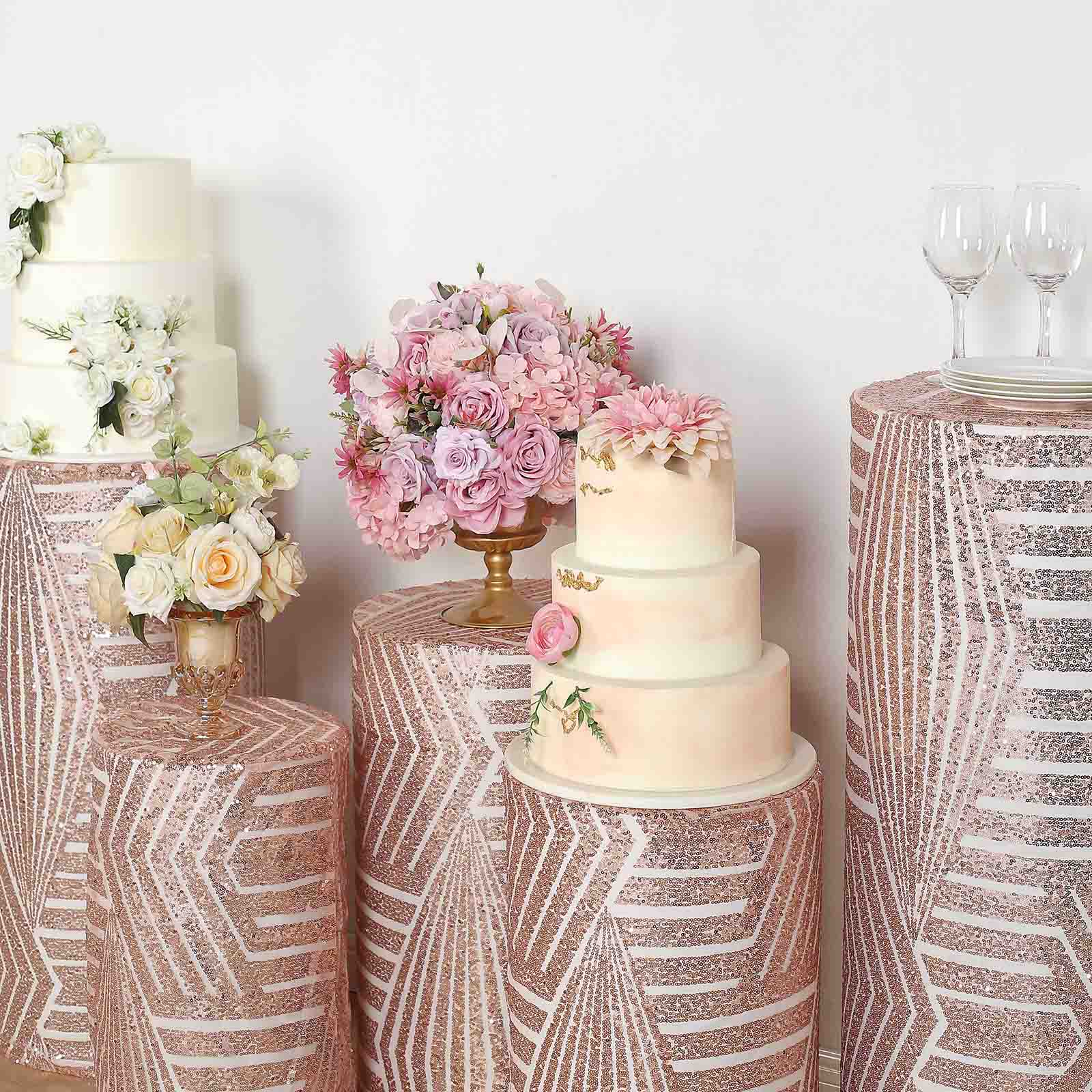 Rose gold sequin mesh pedestal stand covers with geometric pattern.