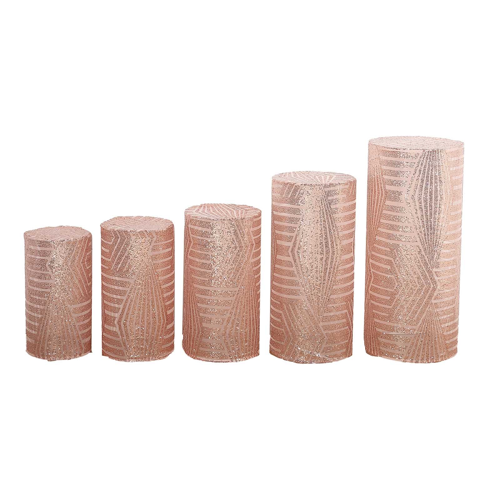 Rose gold sequin mesh pedestal stand covers with geometric pattern.