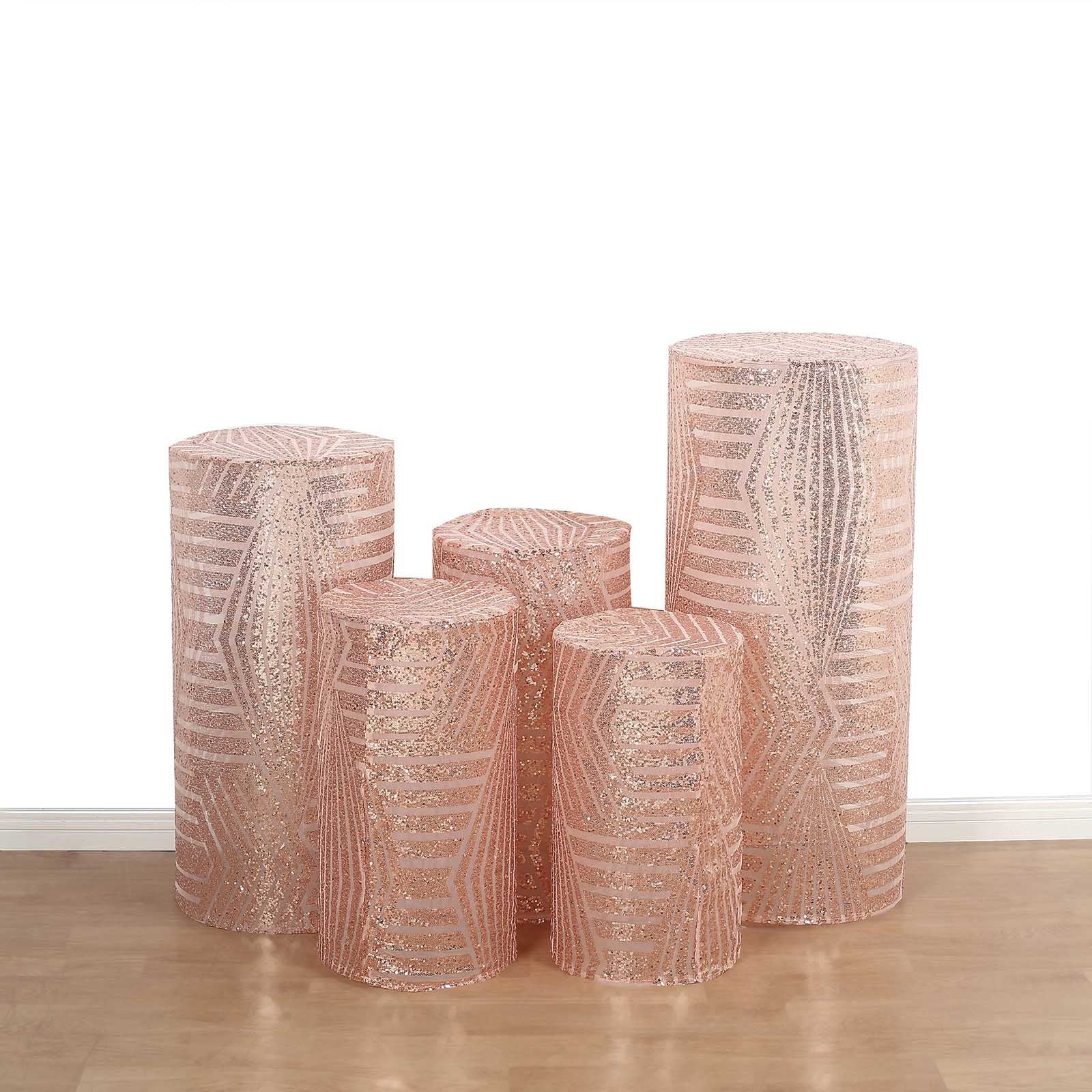Rose gold sequin mesh pedestal stand covers with geometric pattern.