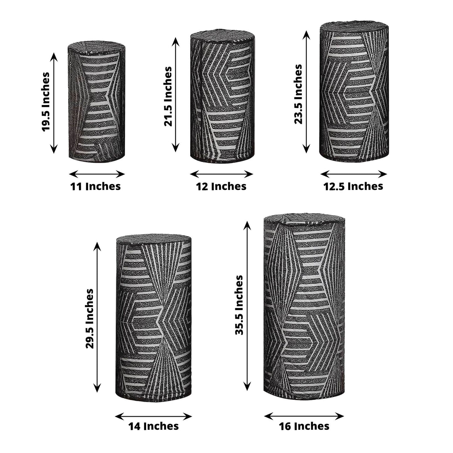 Set of 5 black sequin mesh cylinder pedestal stand covers with geometric embroidery.