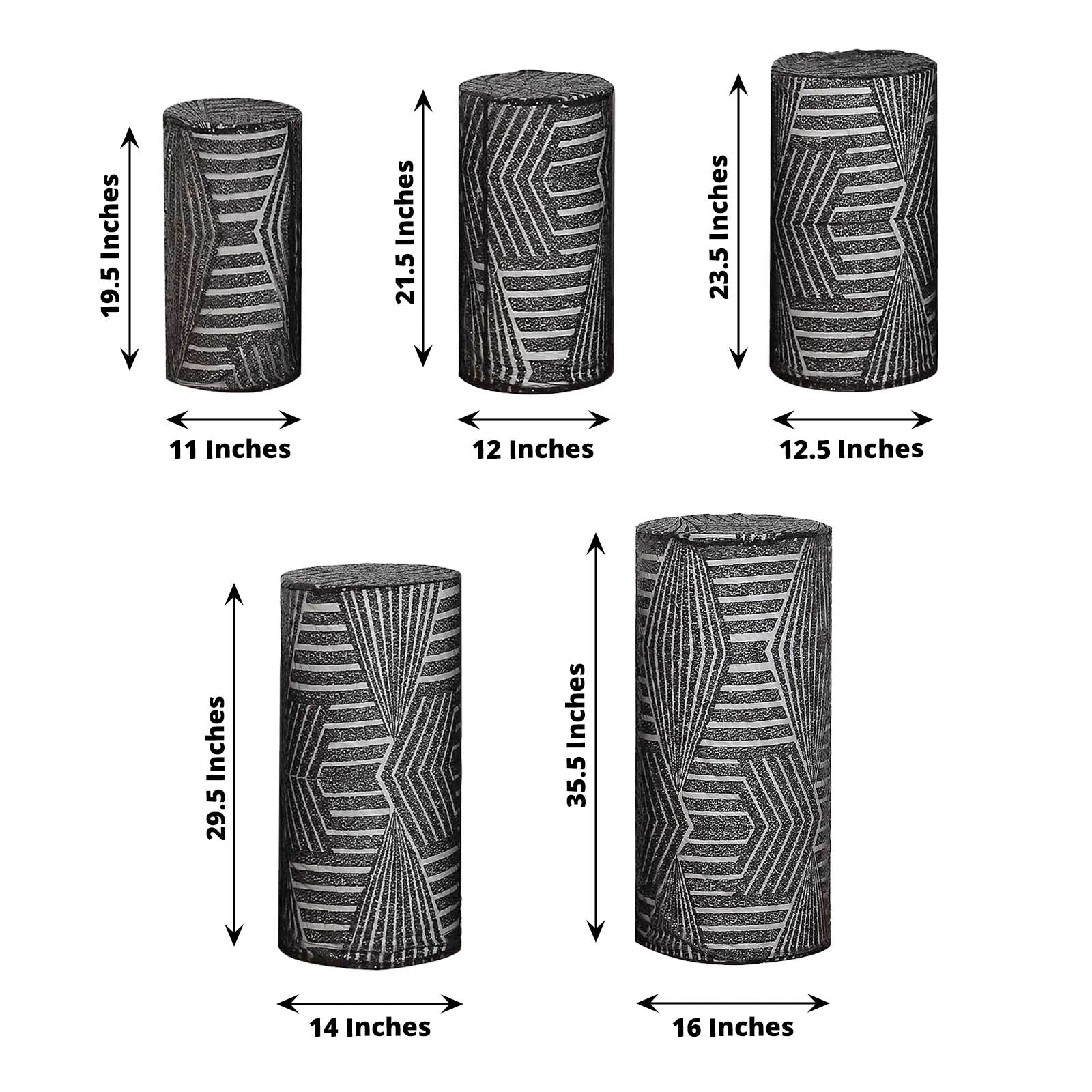 Set of 5 black sequin mesh cylinder pedestal stand covers with geometric embroidery.