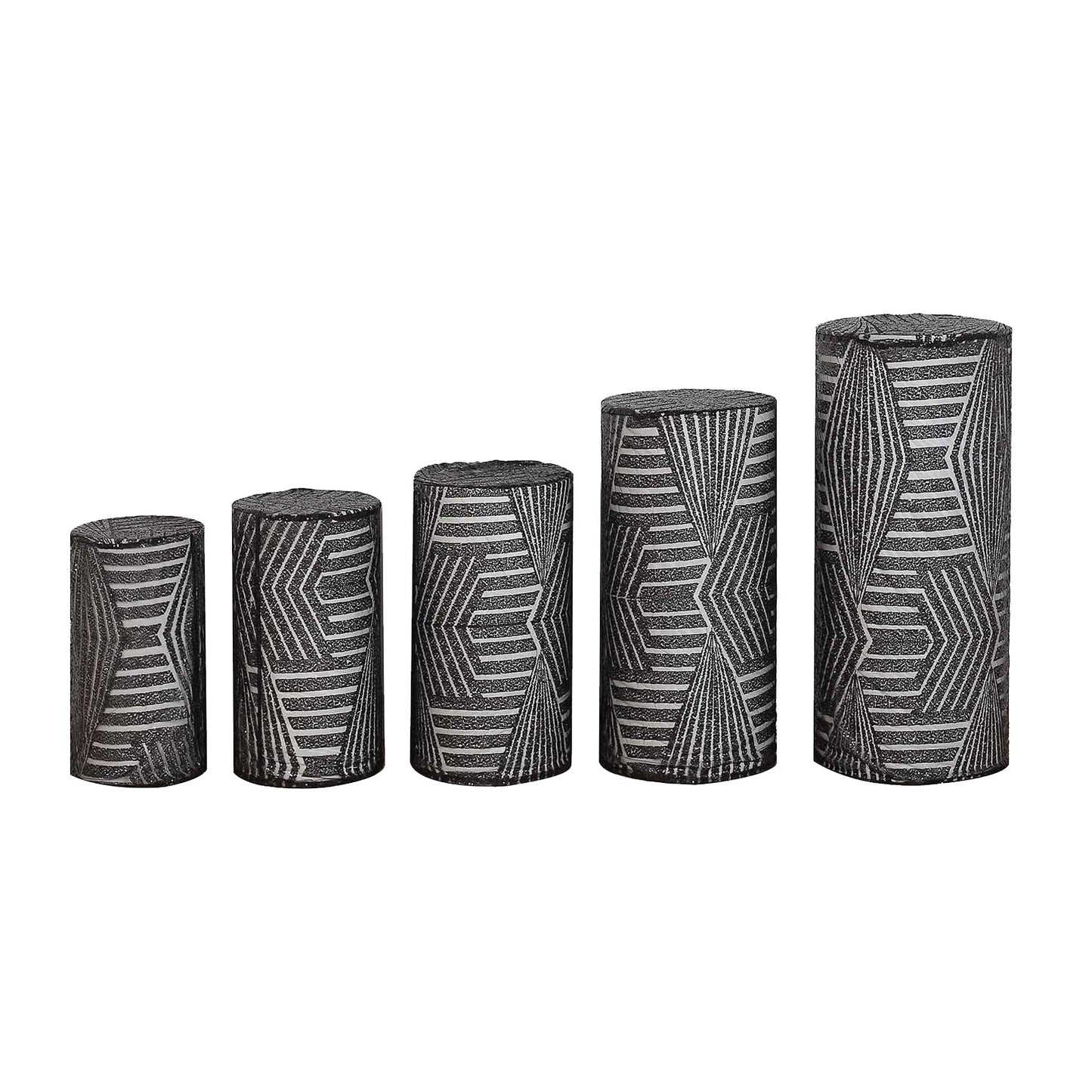 Black sequin mesh pedestal stand covers with geometric pattern embroidery.