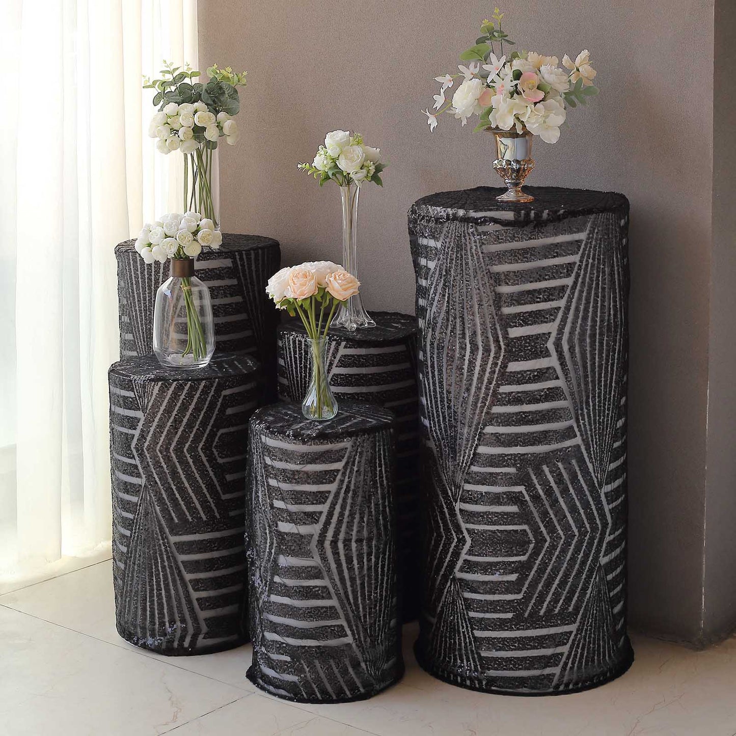 Black sequin mesh pedestal stand covers with geometric pattern embroidery
