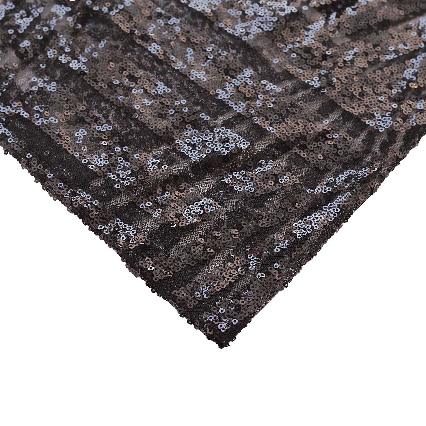 Black sequin mesh pedestal stand cover with geometric pattern embroidery.