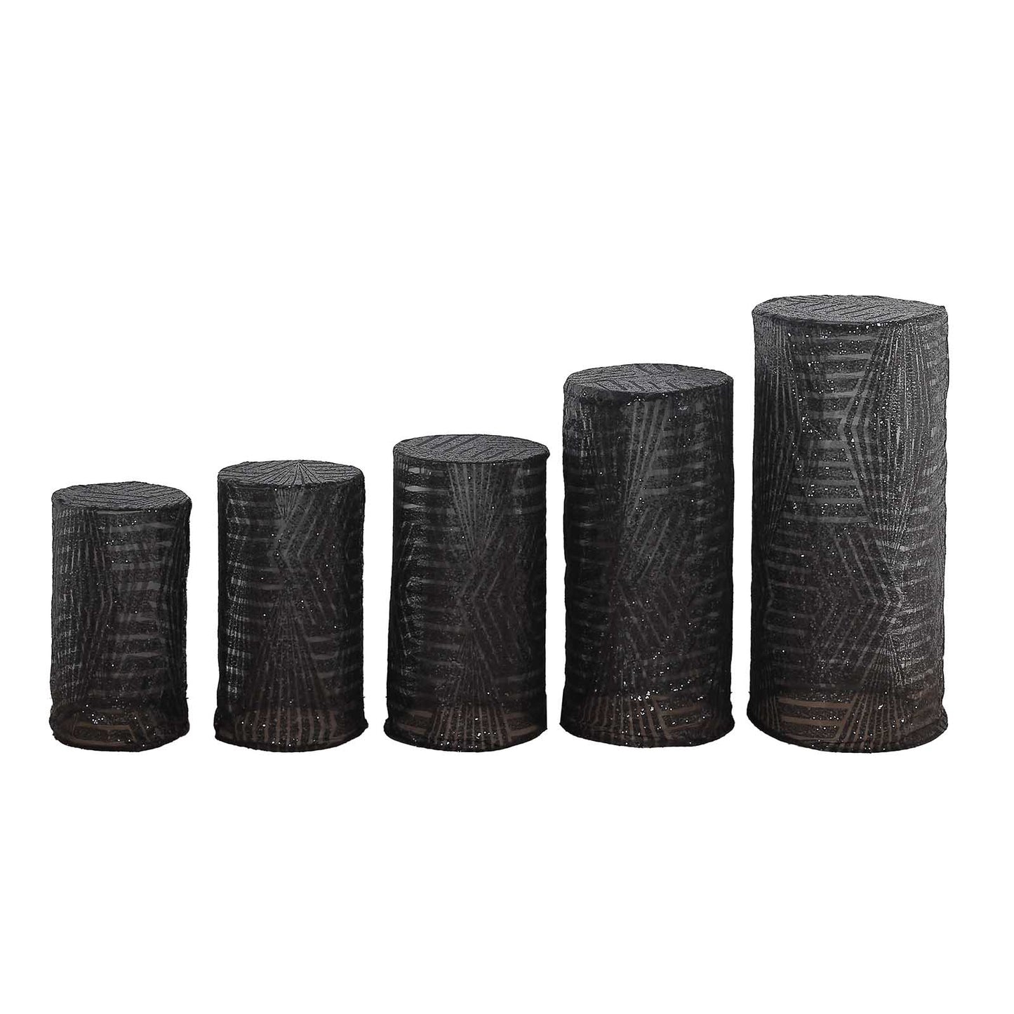 Black sequin mesh cylinder pedestal stand covers with geometric pattern.